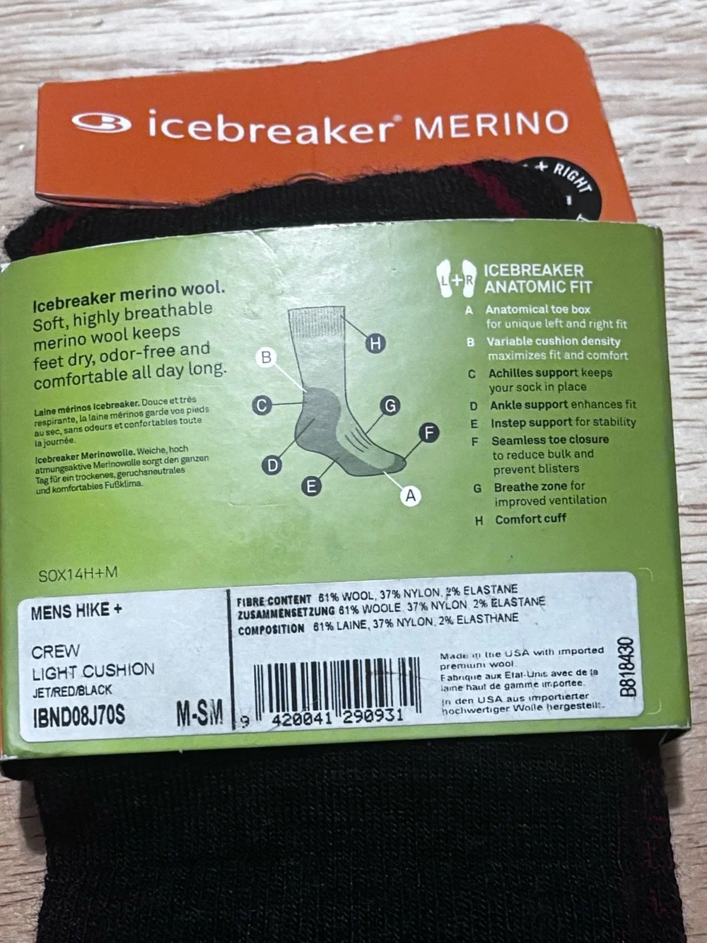 Icebreaker Merino Hike Light Cushion Hike Crew Men Socks Size Small 7-8.5